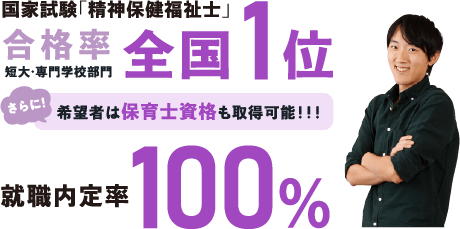 国家試験「精神保健福祉士」合格率 短大・専門学校部門 1位全国 就職内定率100% さらに希望者は保育士資格も取得可能！！！