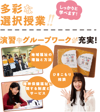 多彩な選択授業 演習やグループワークが充実！地域福祉の理論と方法　ひきこもり相談　精神保健福祉に関する制度とサービス