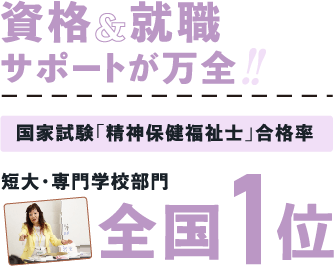 資格&就職サポートが万全 国家試験「精神保健福祉士」合格率短大・専門学校部門全国1位